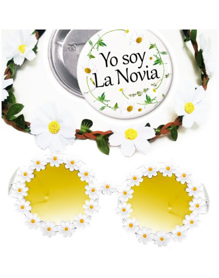 KIT FLOWER POWER GAFAS CORONA MARGARITAS CHAPA YO SOY LA NOVIA VIBRASHOP