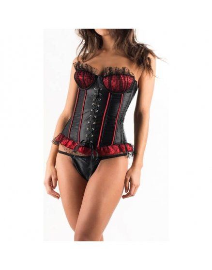 CORSET EROTICO DE CUERO NEGRO Y ACABADOS ROJOS VIBRASHOP