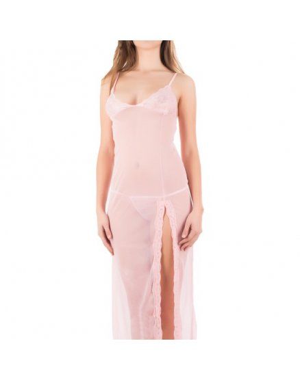 CAMISÓN TRANSPARENTE LARGO CON ENCAJE ROSA VIBRASHOP