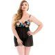 CONJUNTO BABYDOLL CON TANGA FLORES NEGRO VIBRASHOP