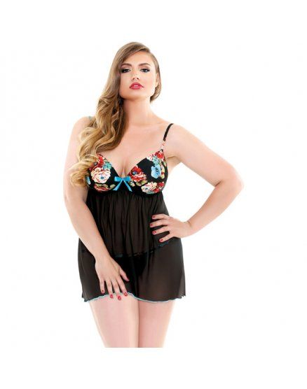 CONJUNTO BABYDOLL CON TANGA FLORES NEGRO VIBRASHOP