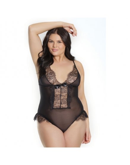 SHEER CROTCHLESS TEDDY WITH EYELASH LACE - BLACK VIBRASHOP