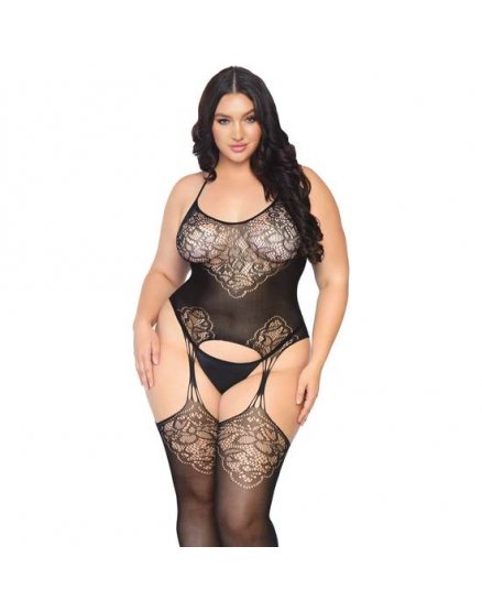 BODYSTOCKING DE ENCAJE SIN COSTURAS CON LIGUERO - NEGRO VIBRASHOP